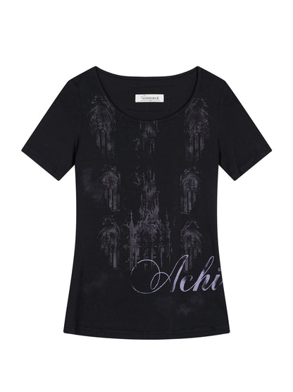 Romanesque Print Tee V-neck T-shirt Long-Sleeve
