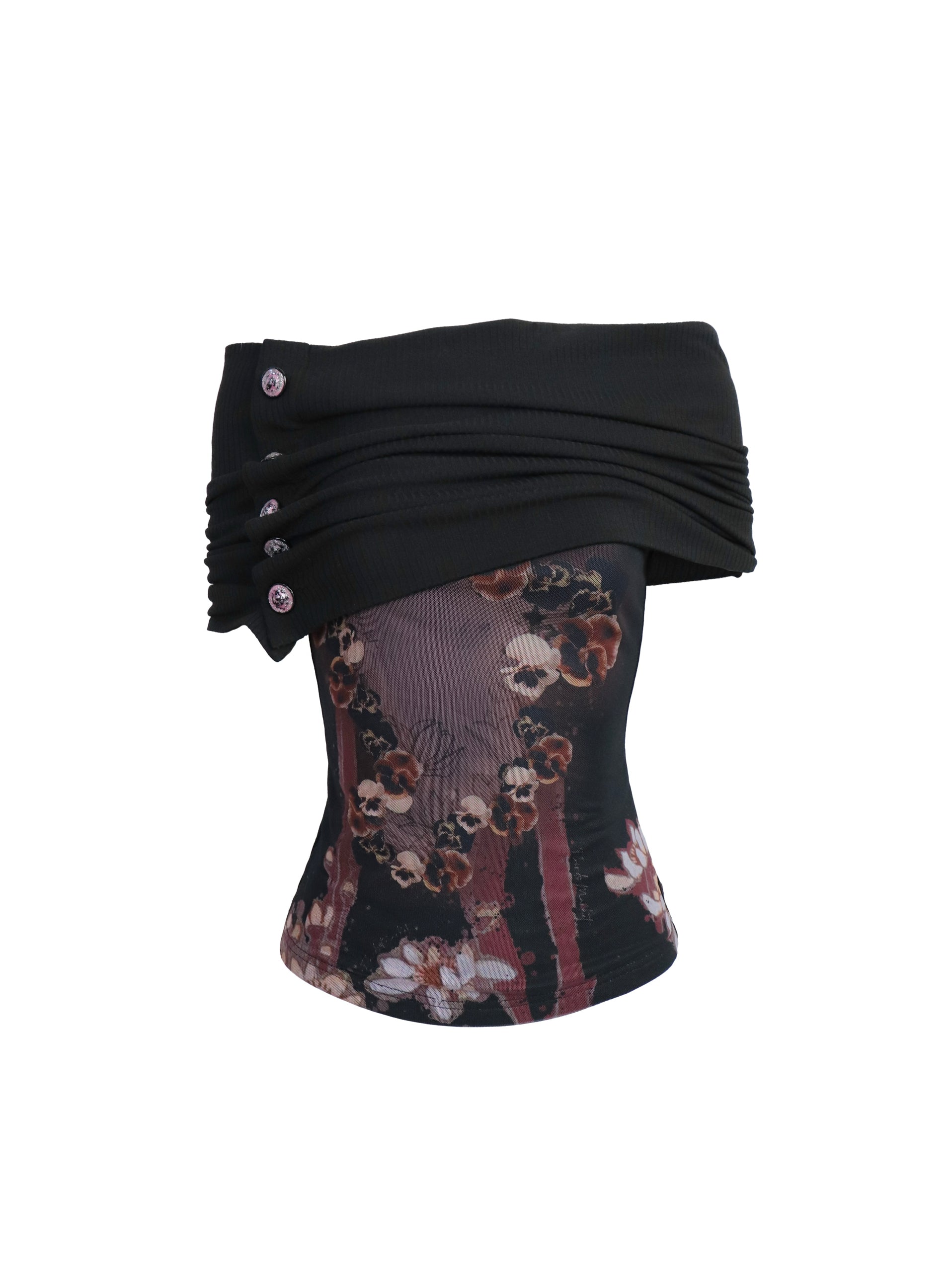 Flowers birds Market Detachable Cowl Neck Print Knit Slip Top