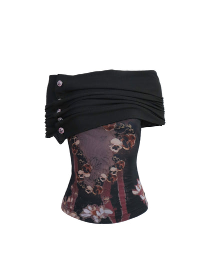 Flowers birds Market Detachable Cowl Neck Print Knit Slip Top