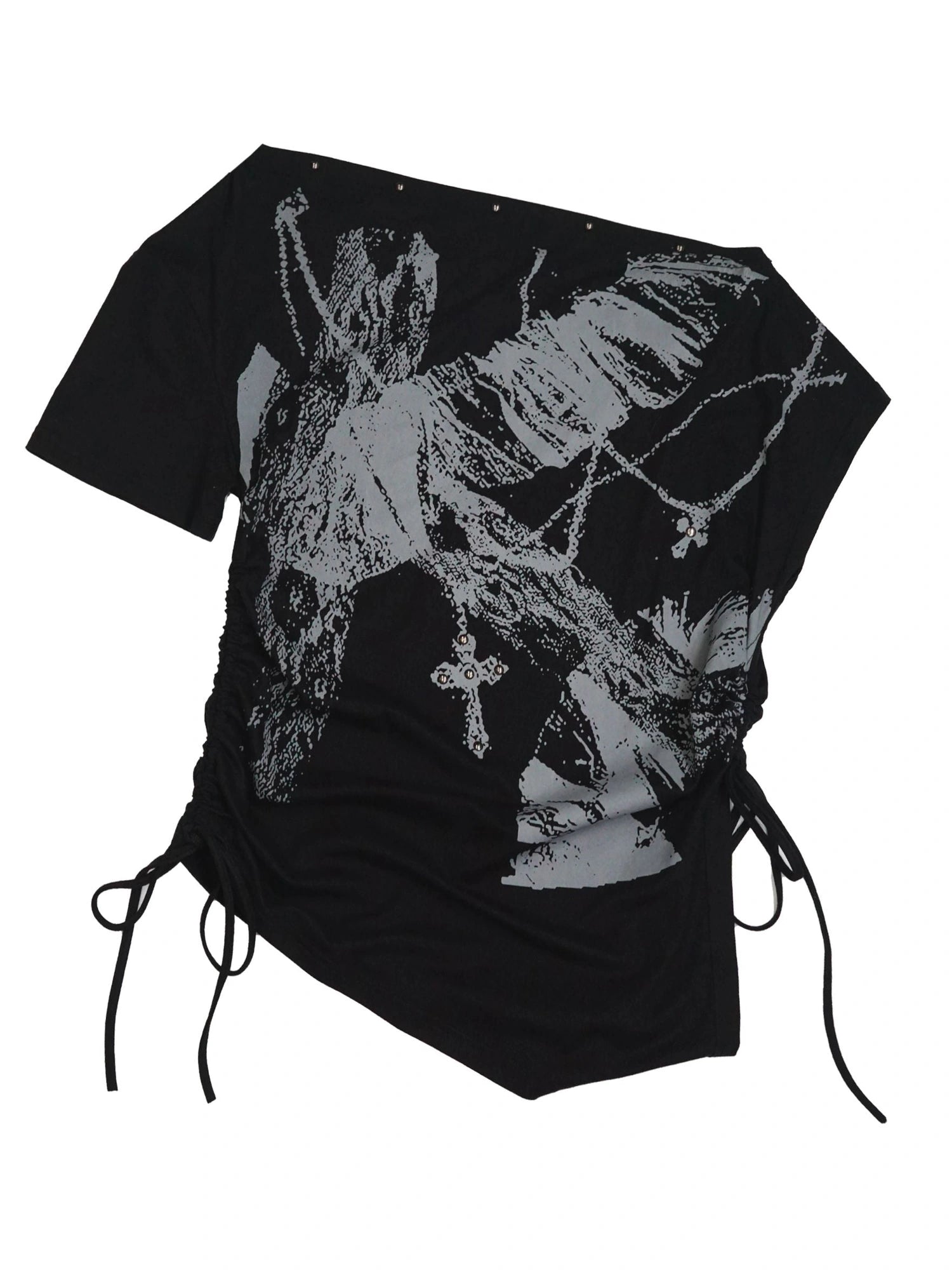 Distressed Print Off Shoulder Oversized Tee