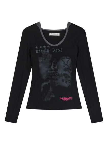 Starry Rain Hooded Tee V-Neck T-Shirt Long-Sleeve