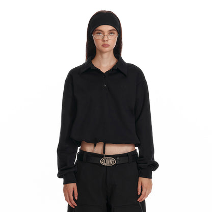 ALINNV STUDIO Polo Collar Drawstring Hem Embroidered Loose Fit Crop Sweatshirt