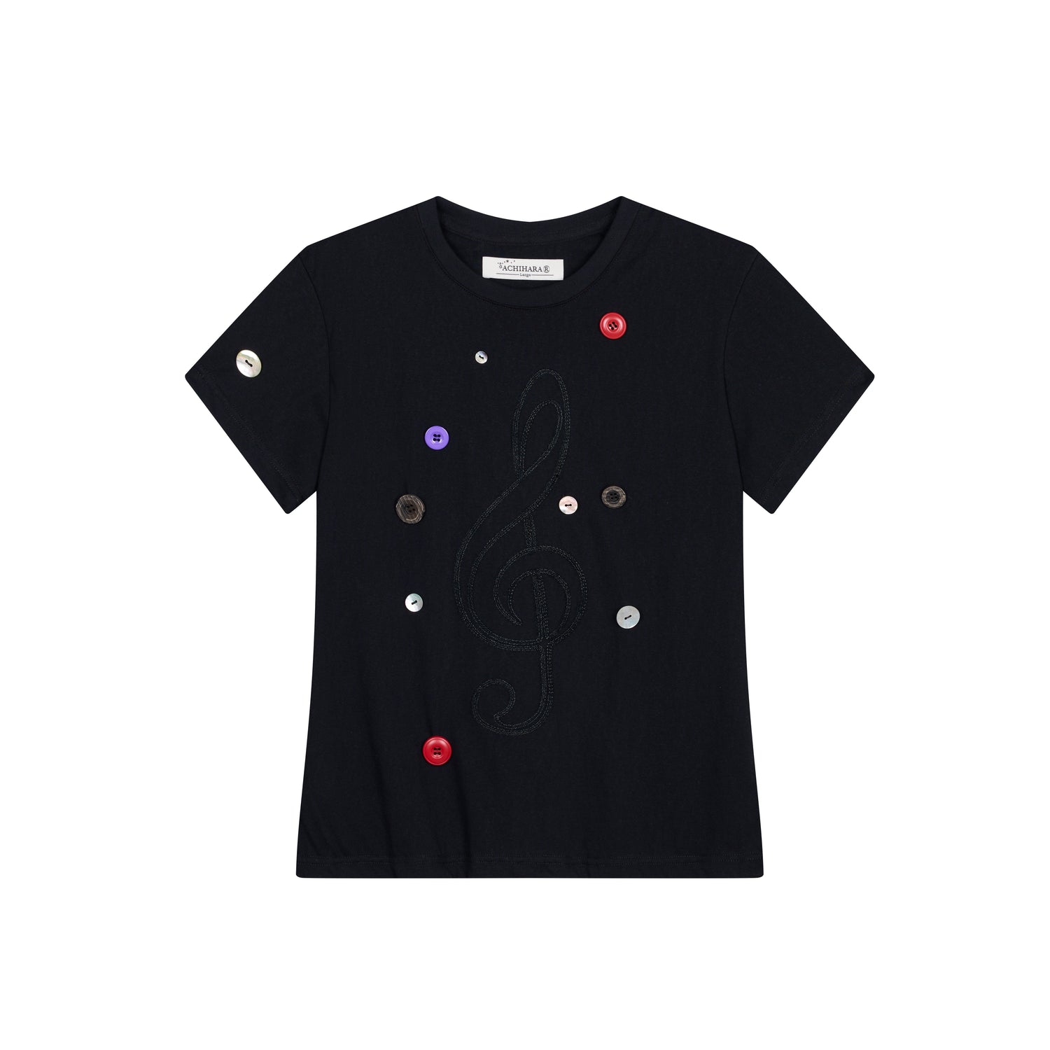 Achihara Music Button Embroidered Tee V Neck T Shirt Long Sleeve