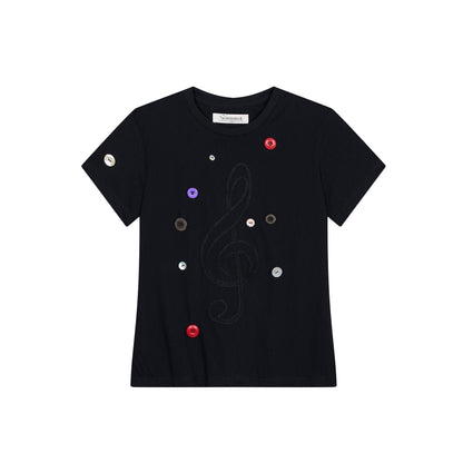 Achihara Music Button Embroidered Tee V Neck T Shirt Long Sleeve
