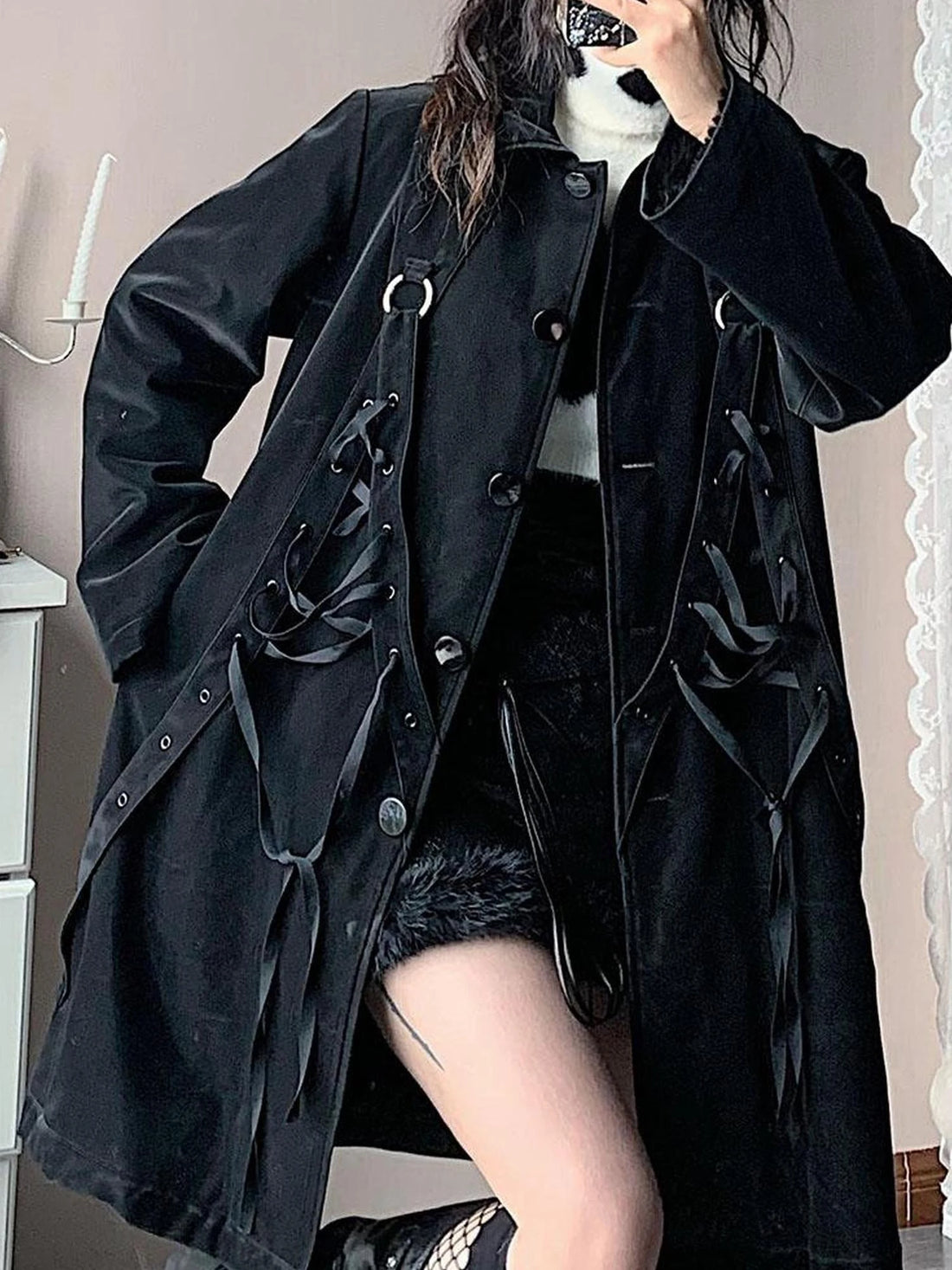 Black Punk Wool Lined Thick Leather Coat For Women
