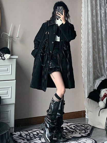 Black Punk Wool Lined Thick Leather Coat For Women