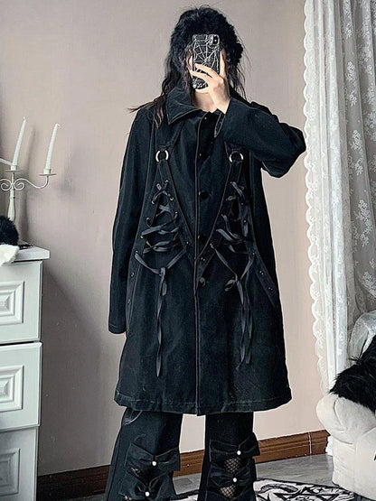 Black Punk Wool Lined Thick Leather Coat For Women