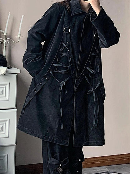 Black Punk Wool Lined Thick Leather Coat For Women