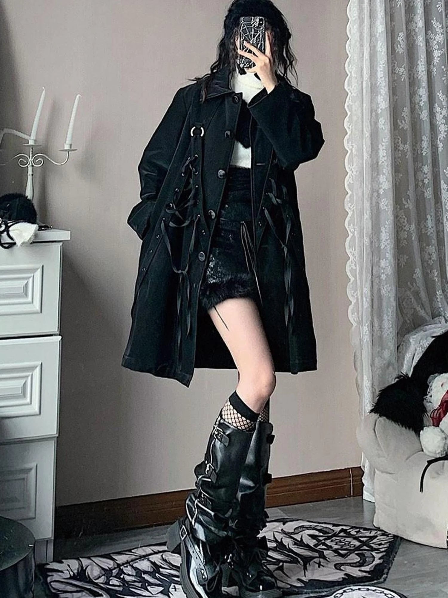 Black Punk Wool Lined Thick Leather Coat For Women
