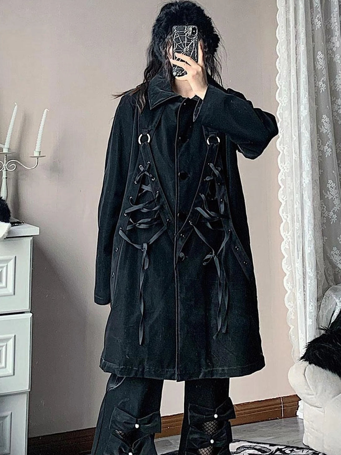 Black Punk Wool Lined Thick Leather Coat For Women