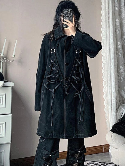 Black Punk Wool Lined Thick Leather Coat For Women