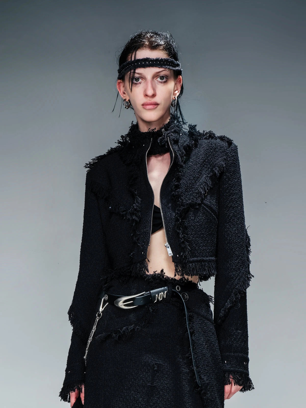 Fringed Tweed Set Edgy Jacket Asymmetric Skirt