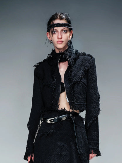 Fringed Tweed Set Edgy Jacket Asymmetric Skirt