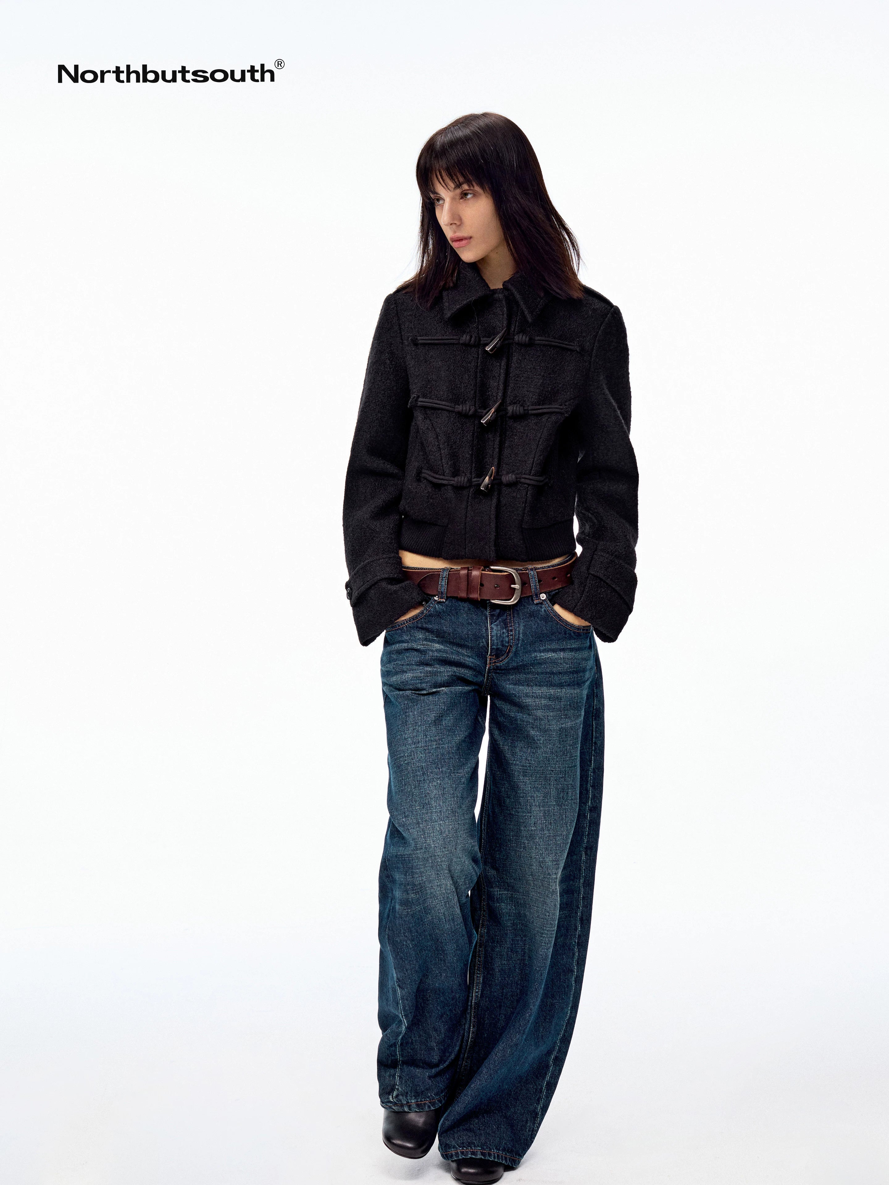 Black Short Structured Horn Toggle Lapel Slim Women&