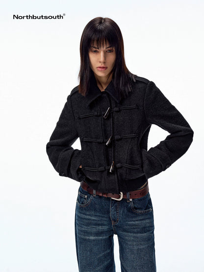 Black Short Structured Horn Toggle Lapel Slim Women&