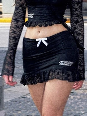 Low Cut Ribbon Lace Trim Bodycon Long Sleeve Mini Dress