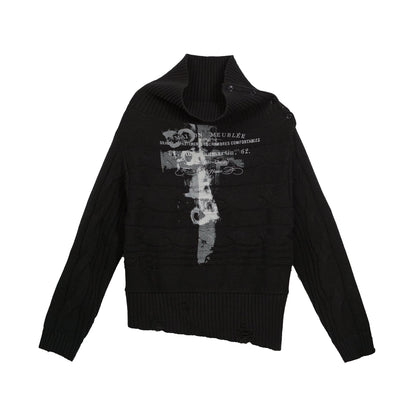 Update c Double Layer Collar Slant Shoulder Print Sweater