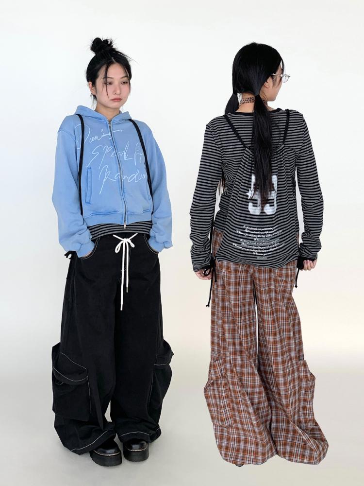 Black Straight Wide Leg Cargo Pants Women Casual Trousers