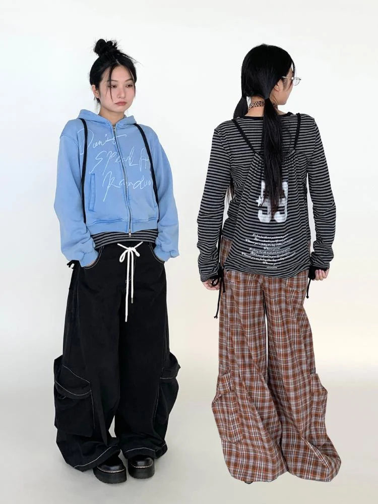 Black Straight Wide Leg Cargo Pants Women Casual Trousers