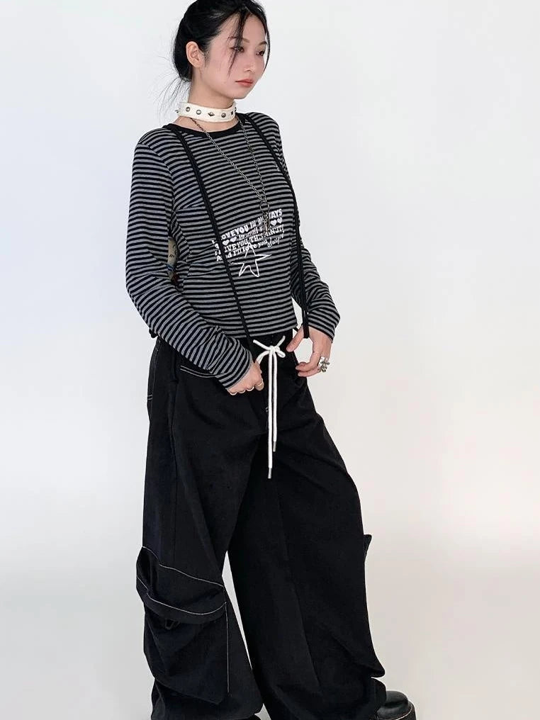 Black Straight Wide Leg Cargo Pants Women Casual Trousers