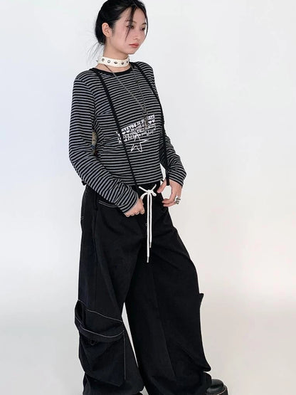 Black Straight Wide Leg Cargo Pants Women Casual Trousers
