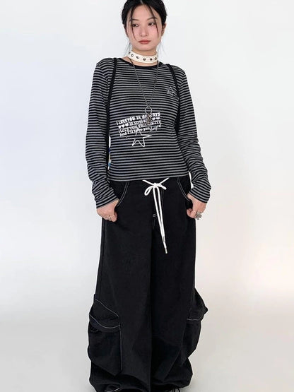 Black Straight Wide Leg Cargo Pants Women Casual Trousers