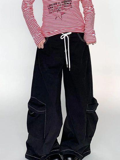 Black Straight Wide Leg Cargo Pants Women Casual Trousers