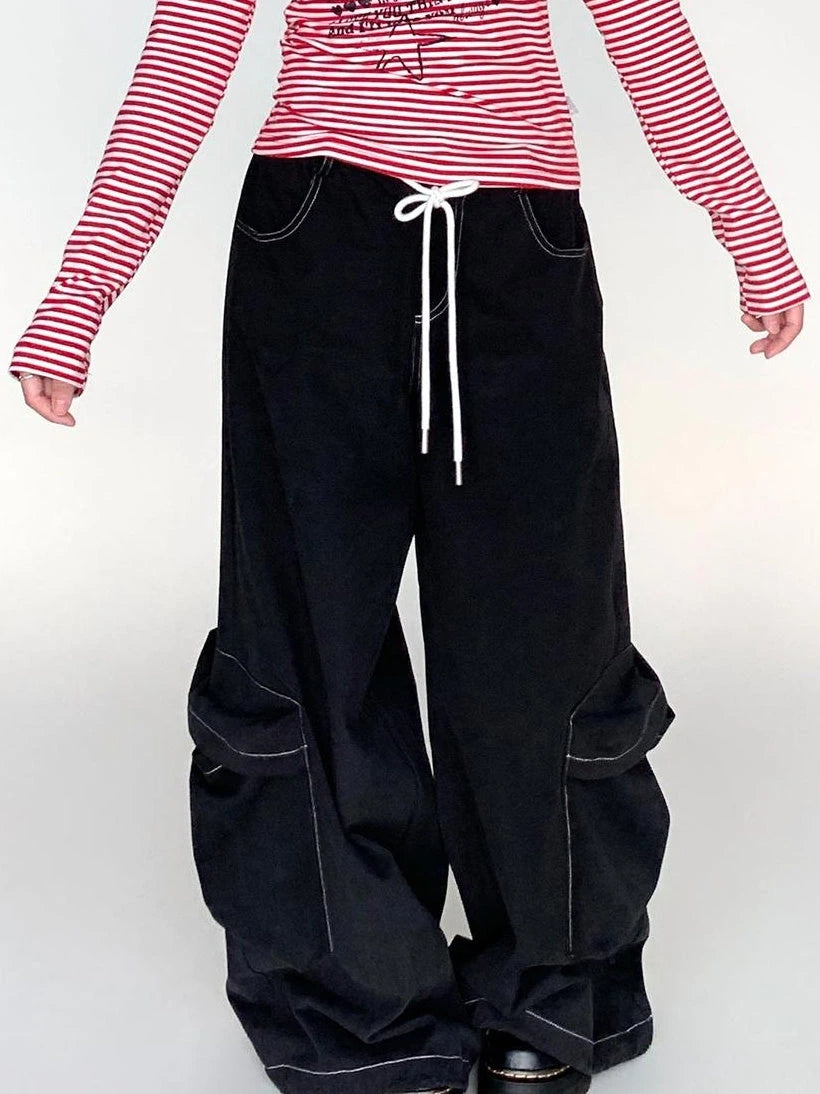 Black Straight Wide Leg Cargo Pants Women Casual Trousers