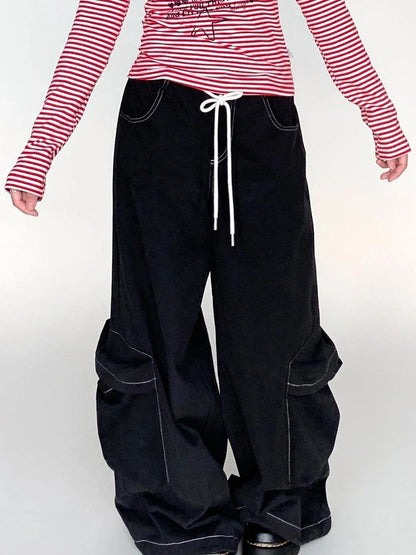 Black Straight Wide Leg Cargo Pants Women Casual Trousers