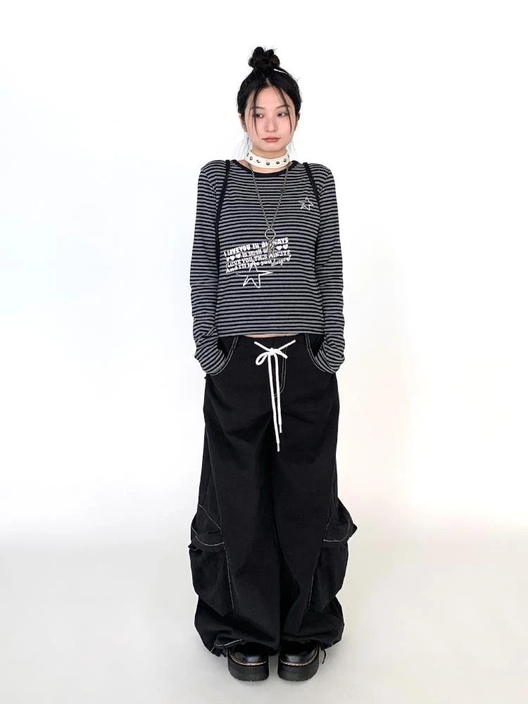 Black Straight Wide Leg Cargo Pants Women Casual Trousers