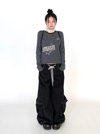 Black Straight Wide Leg Cargo Pants Women Casual Trousers