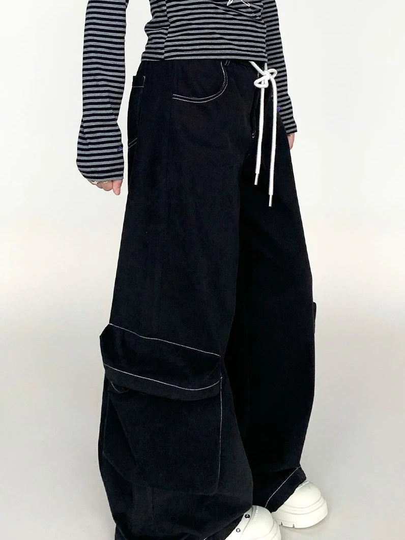 Black Straight Wide Leg Cargo Pants Women Casual Trousers