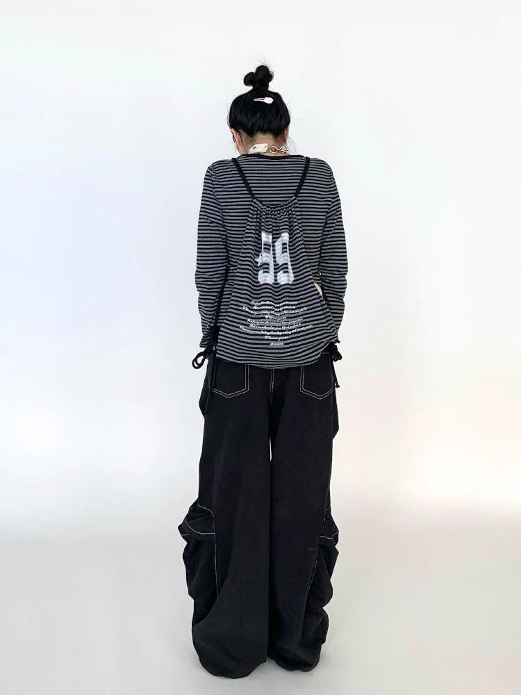 Black Straight Wide Leg Cargo Pants Women Casual Trousers