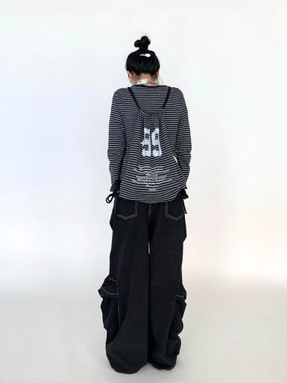 Black Straight Wide Leg Cargo Pants Women Casual Trousers