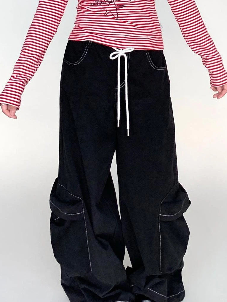 Black Straight Wide Leg Cargo Pants Women Casual Trousers