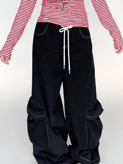 Black Straight Wide Leg Cargo Pants Women Casual Trousers
