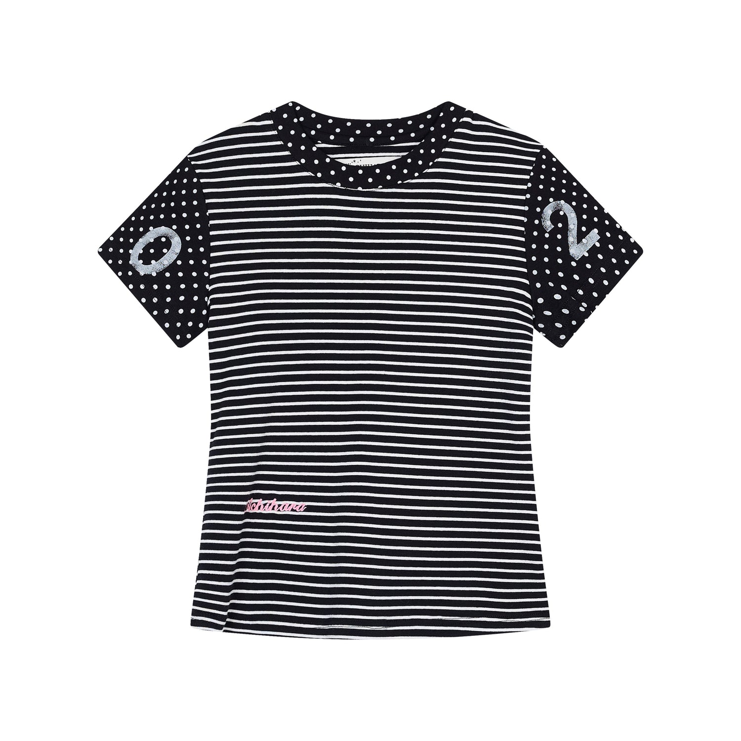 Achihara Fault Stripe Dot Print Tee Retro Vintage Style Cotton Blend