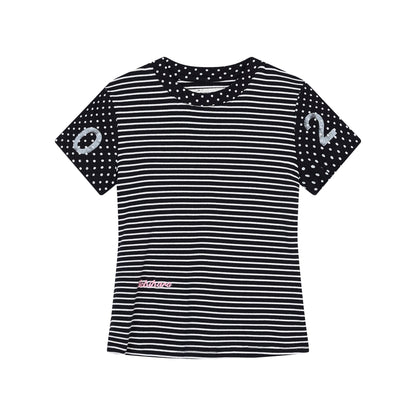 Achihara Fault Stripe Dot Print Tee Retro Vintage Style Cotton Blend