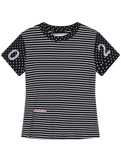 Fault Stripe Dot Print Tee Retro Vintage Style Cotton Blend