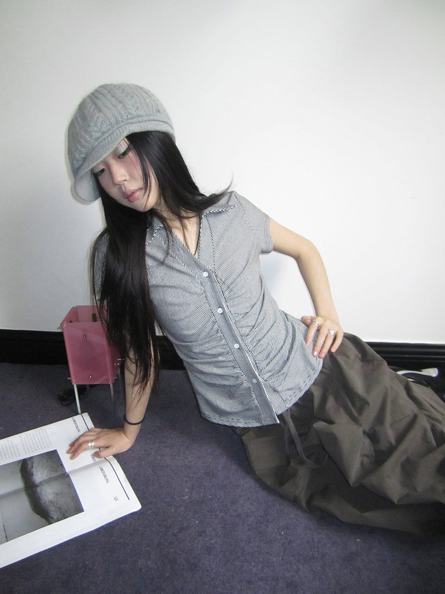 Updateang project Vintage V-Neck Striped Tee With Pleated Detail