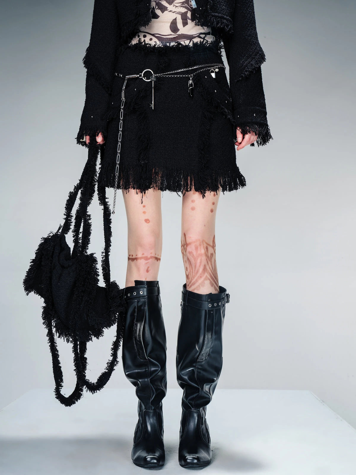 Fringed Tweed Set Edgy Jacket Asymmetric Skirt