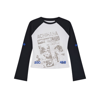 Achihara Retro Contrast Knit Tee V-Neck T-Shirt Long-Sleeve