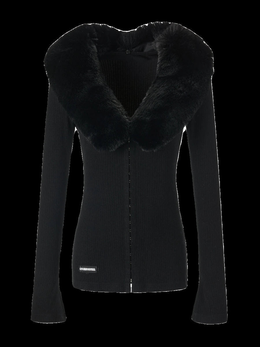 Faux Fur Collar Knit Set Edgy Two Piece Outfit