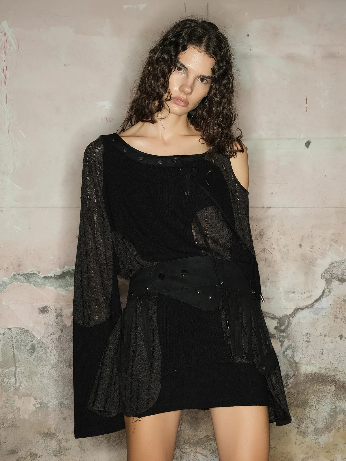 Distressed Mesh Knit Sweater With Scarf