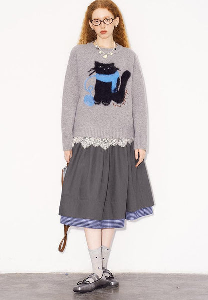 DIDDI MODA Black White Checkered Layered Winter A Line Skirt
