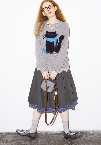 DIDDI MODA Black White Checkered Layered Winter A Line Skirt