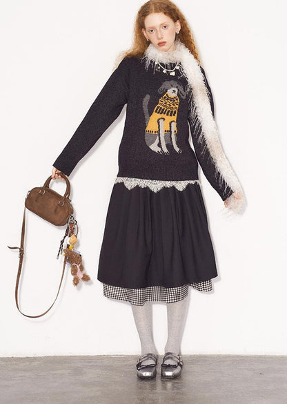 DIDDI MODA Black White Checkered Layered Winter A Line Skirt