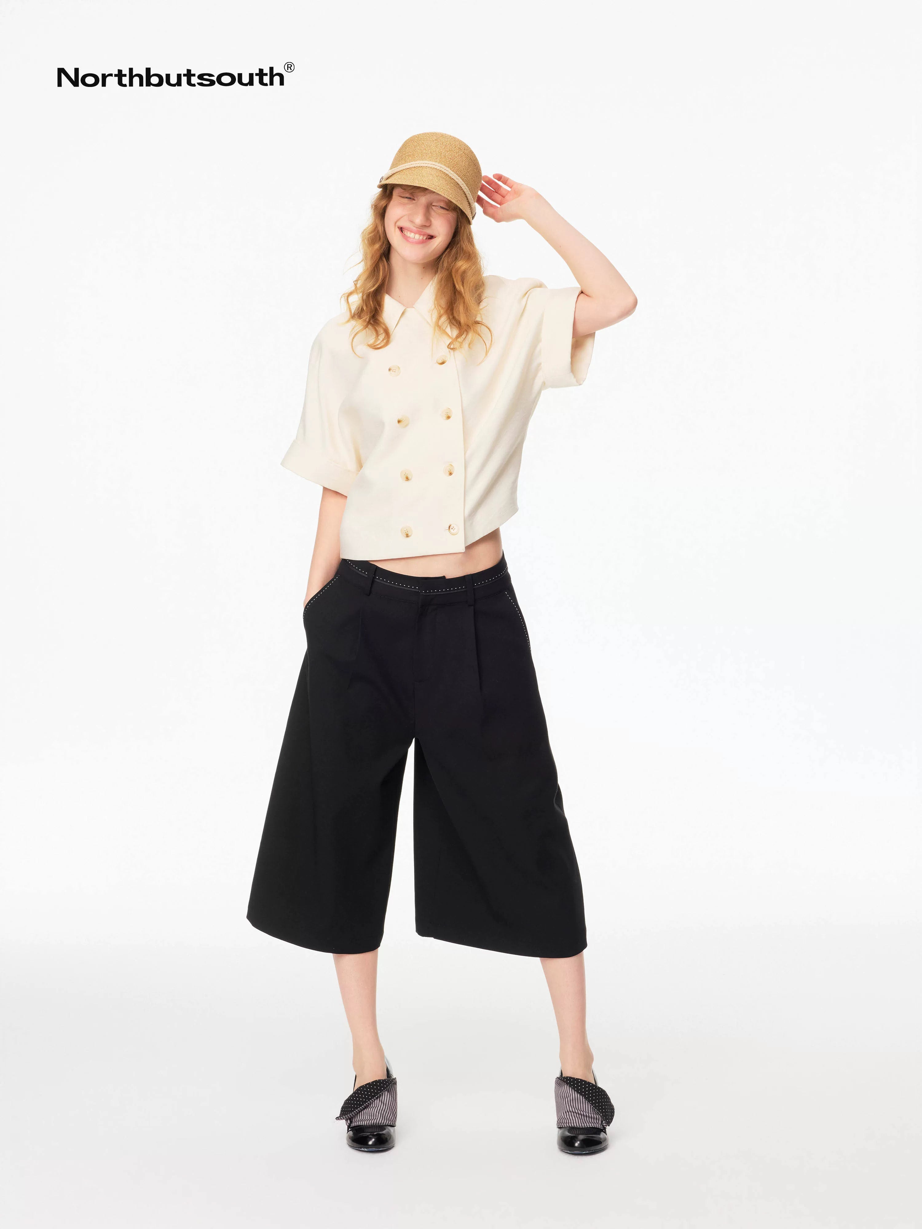 Black White Double Breasted Lapel Twill Texture Women&