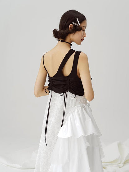 DIDDI MODA Black White Mesh Jacquard Asymmetrical Dress