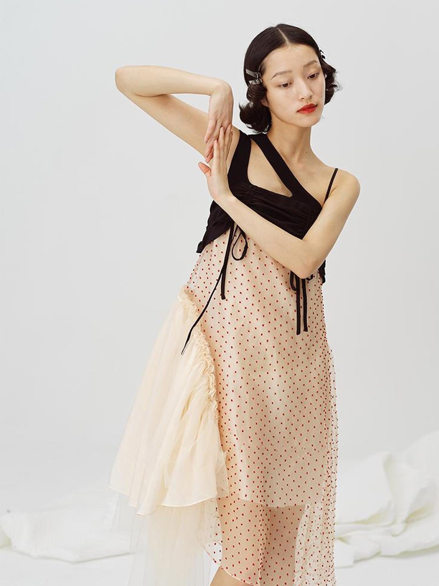 DIDDI MODA Black White Mesh Jacquard Asymmetrical Dress